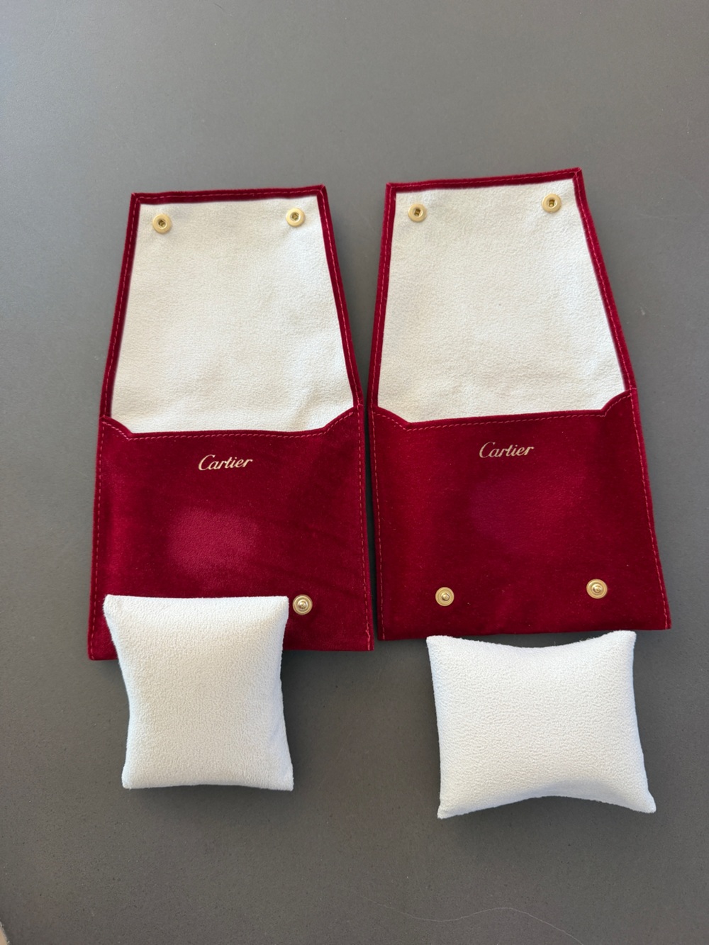 Cartier Red and Cream Velvet Jewelry Pouches with Gold Hardware